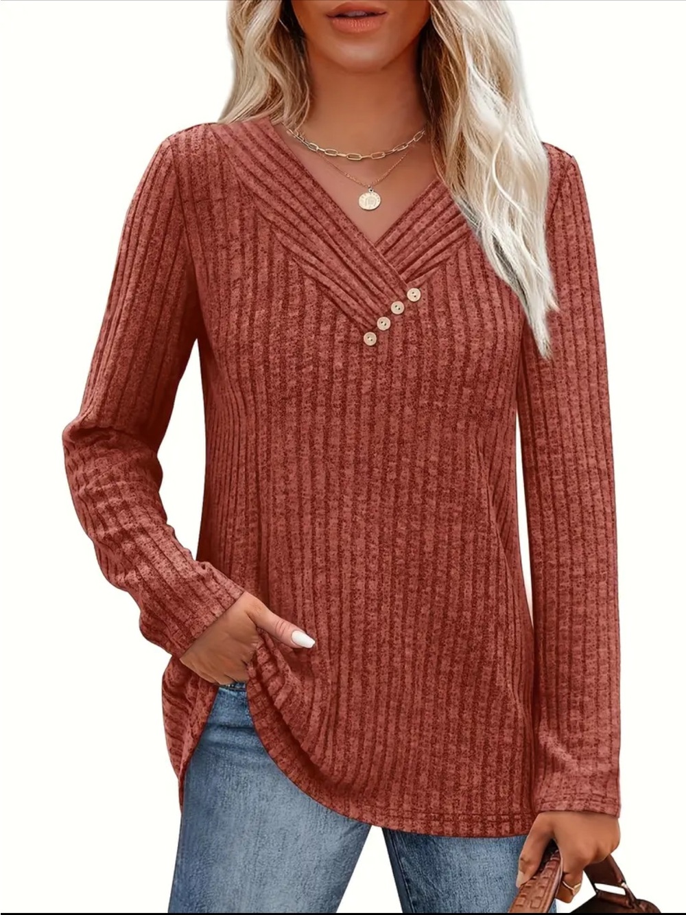 Ribbed V-Neck Button Detail Long Sleeve Top - Rust